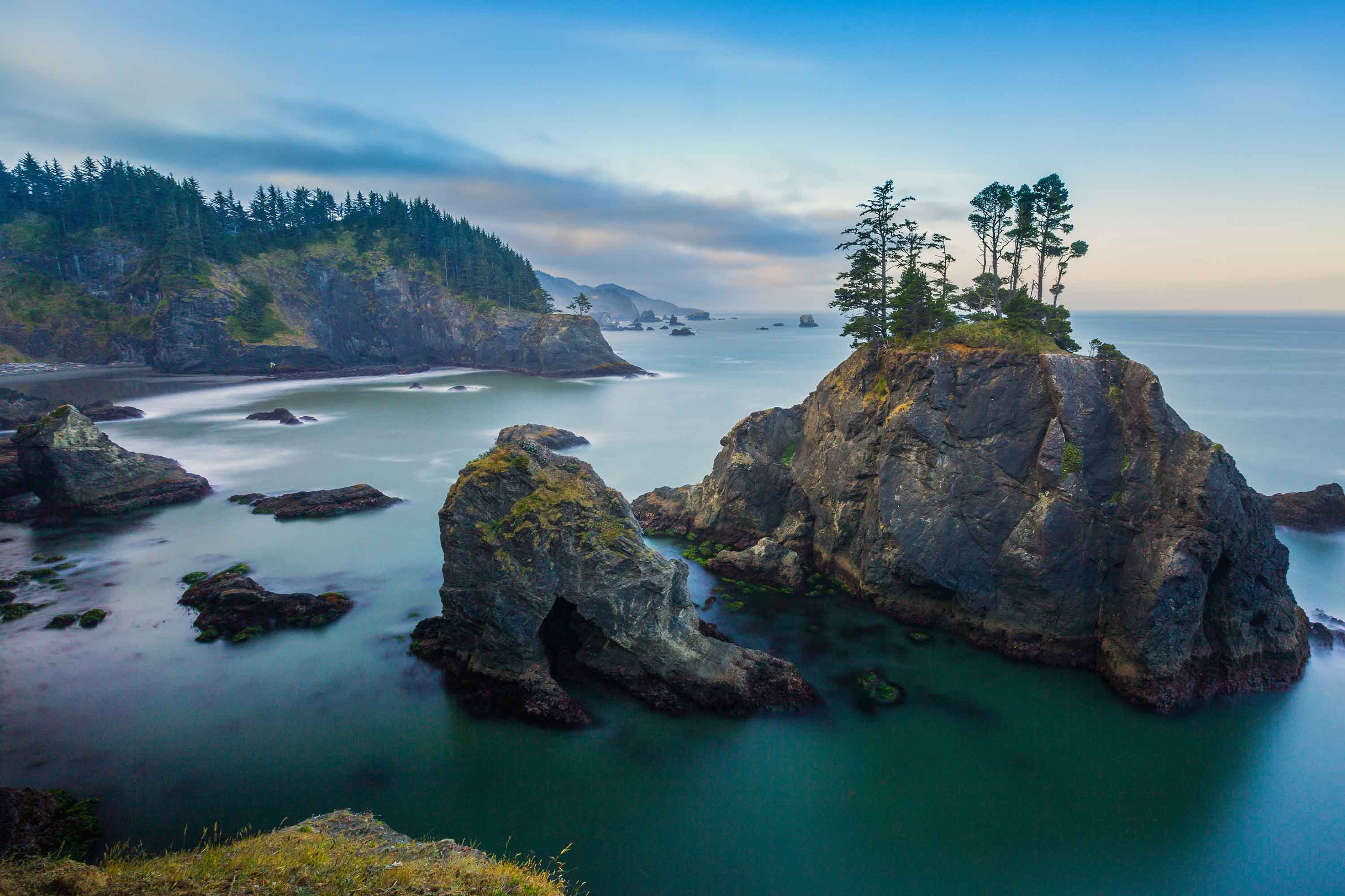 Rocks with foliage stick out of the ocean water along the Oregon coast